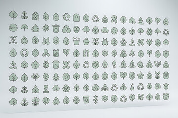 Various stylized leaf shapes, green outlines, arranged densely on a white surface, minimalist design.