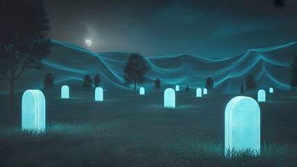 Illuminated tombstones in a serene graveyard with rolling hills.