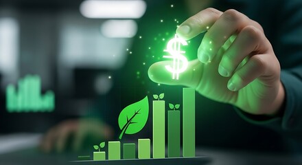 Closeup of a hand placing a glowing dollar sign above a bar graph with a leaf, symbolizing sustainable investment, green finance, and the growth of environmentally friendly business