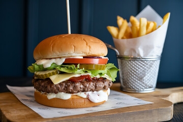 Juicy burger with cheese, lettuce, tomato, and fries served on a wooden board.