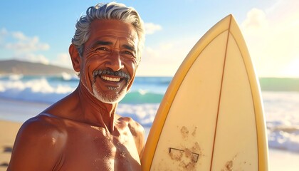 Senior Man Surfs, Beach, Lifestyle, Active Retirement.