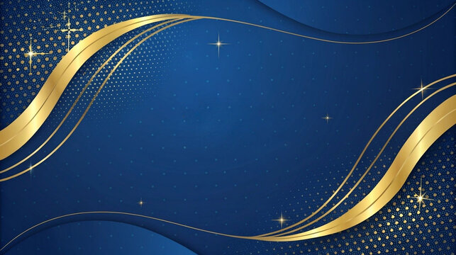 Abstract blue background with elegant gold wave lines and stars, luxury backdrop for invitations, festive promotions, product display, awards, or digital event branding