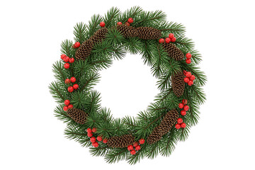 Festive evergreen wreath adorned with pinecones and red berries, symbolizing holiday cheer.