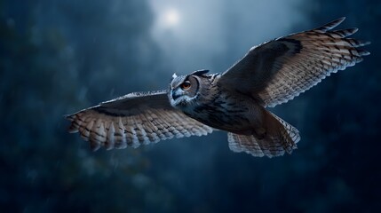 Fototapeta premium A majestic owl with striking orange eyes soars through a dark misty night forest under faint moonlight
