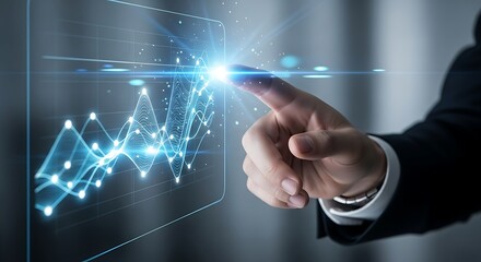 Futuristic business hand interacting with glowing digital network graph for data analysis