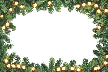Festive evergreen branches adorned with warm lights create a cheerful, decorative holiday frame.