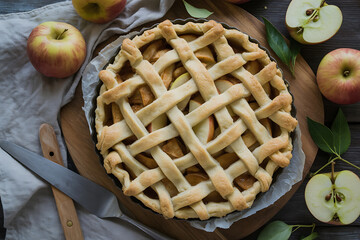 Golden apple pie with intricate lattice crust, surrounded by fresh apples and green leaves.