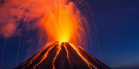 Fiery eruption of a volcano spews molten rock against a dark blue sky.