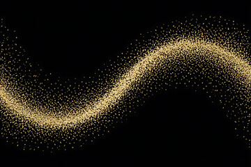Golden particles swirl in a dynamic wave against a dark, elegant background.