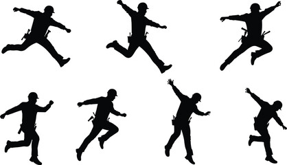 Construction worker silhouettes in jumping and running action poses with helmet, tool belt, safety gear, occupational labor, teamwork, industry vector illustration