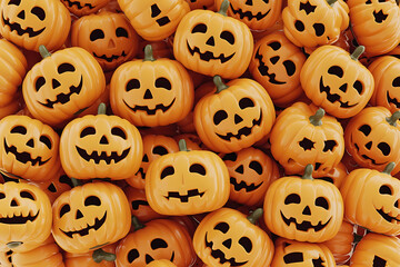 Numerous orange pumpkins with carved jack-o'-lantern faces, evoking a festive autumnal and Halloween atmosphere.