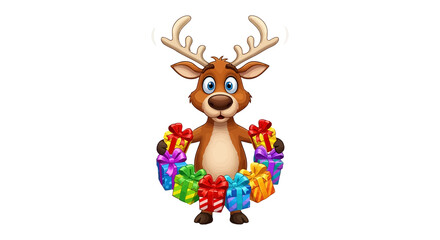 Fototapeta premium Cute cartoon reindeer holding a circle of colorful Christmas gift boxes