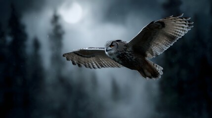 Obraz premium Majestic owl in flight through a moonlit misty forest at night