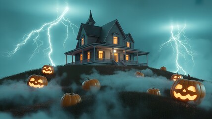 Jack-o-lanterns and haunted house with lightning and fog.