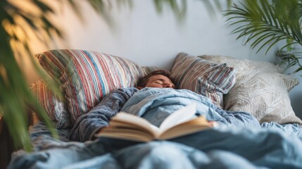 Cozy bed scene with layered pillows and a person reading a book, embodying therapeutic laziness and modern self-care practices