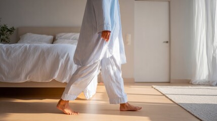 Barefoot woman walking slowly in cozy bedroom with soft morning light, embodying therapeutic laziness and modern self-care practices