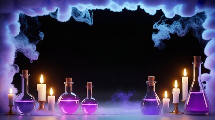 Magical potion bottles and candles with purple smoke border.