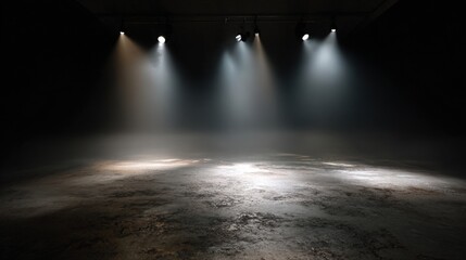 A dimly lit indoor space with beams of light illuminating the floor, creating a dramatic atmosphere.