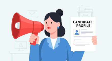 Candidate Profile Announcement Woman with Megaphone Promoting Job Recruitment