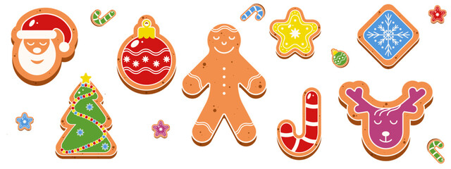 Christmas Gingerbread. Vector illustrtaion of cute Gingerbread set isolated transparent backgorund. Xmas tree ball reindeer santa Gingerbread collection. EPS 10
