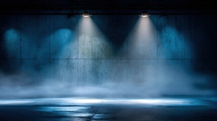 A dimly lit industrial space with blue lighting and fog, creating a mysterious and atmospheric ambiance.