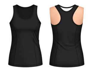 Front and back view of a black women's tank top.  Detailed rendering