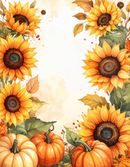 Autumn landscape framed with sunflowers and pumpkins watercolor