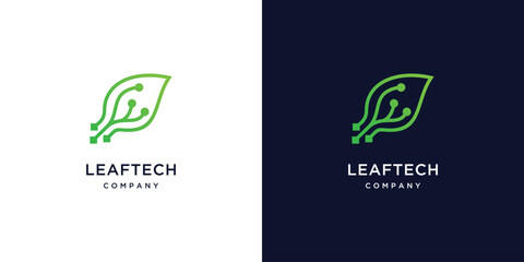 Green leaf technology logo design, leaf with electricity symbol	