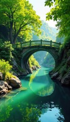 Fototapeta premium A vibrant green bridge arches over a tranquil waterway, surrounded by lush foliage and reflecting sunlight Perfect for nature, travel, and environmental themes , engineering, journey, nature