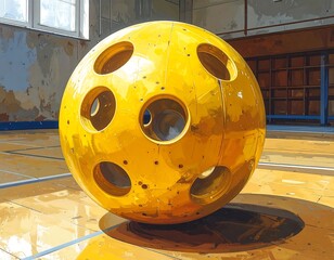 Yellow Perforated Sphere in a Room.