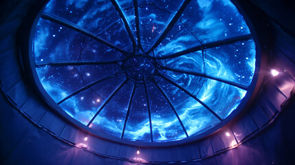 A stunning view of a starry night sky through the glass dome of an observatory, with blue hues and swirling nebulae creating a mesmerizing effect