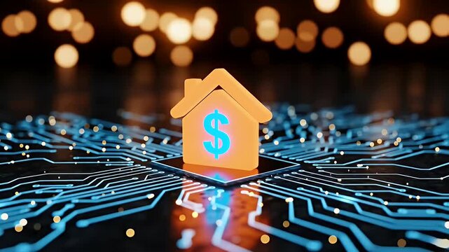 A miniature house model with a glowing dollar sign emblem sits on a futuristic circuit board, symbolizing the convergence of property, finance, and technology.