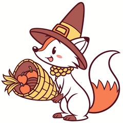 Delightful Loving Arctic Fox in a Thanksgiving scene – Grateful Harvest vector illustration
