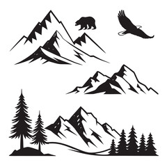 Black Silhouette Mountain Landscape with Flying Eagle, Bear, and Pine Trees Keywords: mountain, mountains, peak, peaks, range, silhouette, black, white, background, nature, landscape, scenery