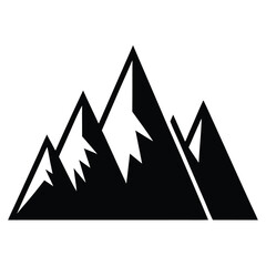 Black silhouette of a mountain range with distinct peaks and white snow accents on a white background