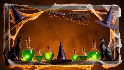 Halloween witch's shelf with black cats, potions, and hats.