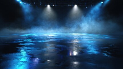 A dramatic stage scene with blue lighting and a misty atmosphere, creating an immersive and captivating visual effect.