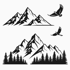 Black Silhouette Mountain Range with Flying Eagles and Pine Trees on White Background Keywords: mountain, mountains, peak, peaks, range, silhouette, black, white, background, nature, landscape