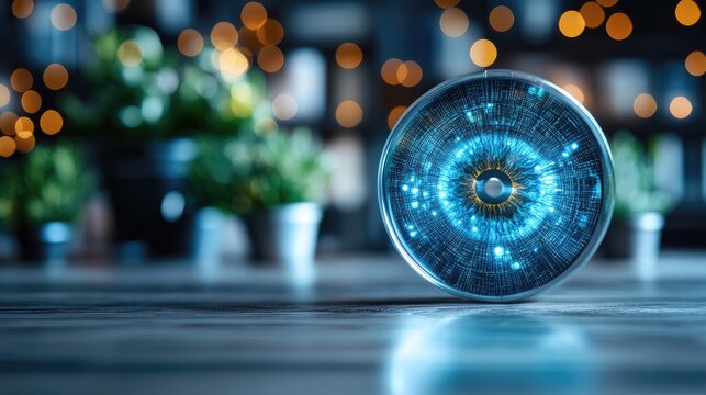 Futuristic eye-shaped orb on wooden table with blurred background.