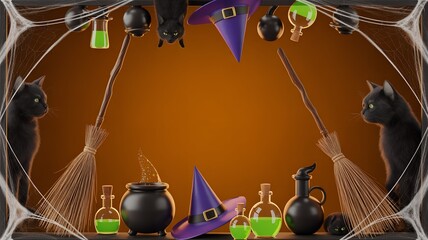 Halloween Witchy Scene with Black Cats and Potions.