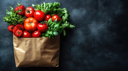Fresh produce in brown paper bag on dark background.