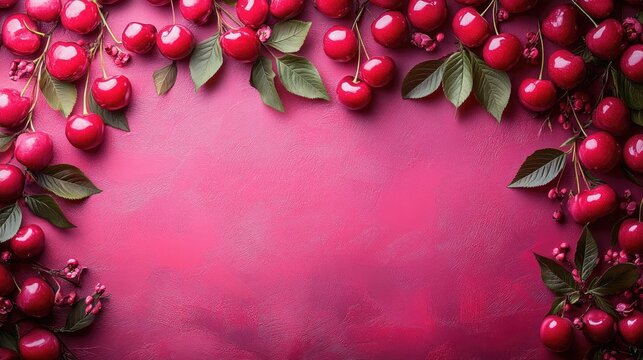 Fresh, vibrant cherries arranged in a frame on a pink background. - Powered by Adobe
