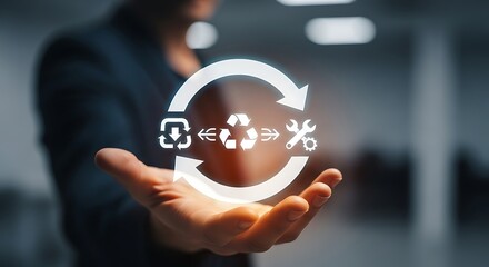 A businessman is presenting a circular economy concept on a futuristic interface, emphasizing sustainability, recycling, and resource efficiency for a greener future