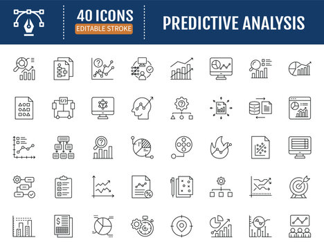 Predictive analytics line icon set. Includes
forecast, model, algorithm, trends, data, insights,
pattern, analytics, future, probability and more.
Vector Illustration with Editable Strokes