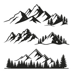 Collection of Black Silhouette Mountain Ranges with Pine Trees on White Background Keywords: mountain, mountains, peak, peaks, range, silhouette, black, white, background, nature, landscape