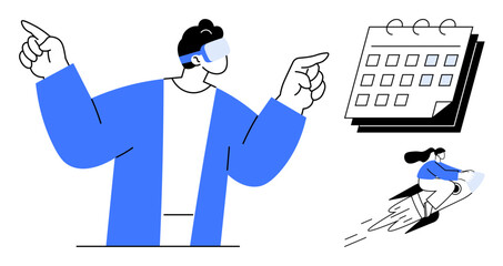 Person in VR glasses pointing forward, calendar representing organization, user on a rocket suggesting fast progress. Ideal for technology, innovation, planning, goals, future, productivity simple