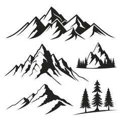 Collection Of Black And White Mountain Silhouettes Including Pine Trees On White Background mountains