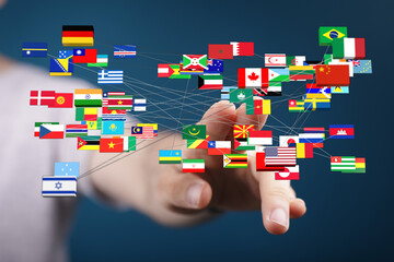 Digital representation of global connections with hand pointing towards network of flags. International relations, global communication, and uni