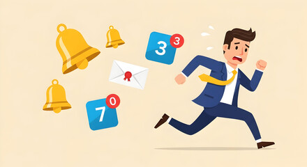 Stressed Office Worker Overwhelmed by Notifications and Deadlines Cartoon Character Running Away from Emails and Bells Modern Concept of Workplace Pressure Fatigue 180