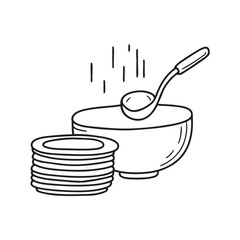 A wok near a ladle placed beside a stack of plates